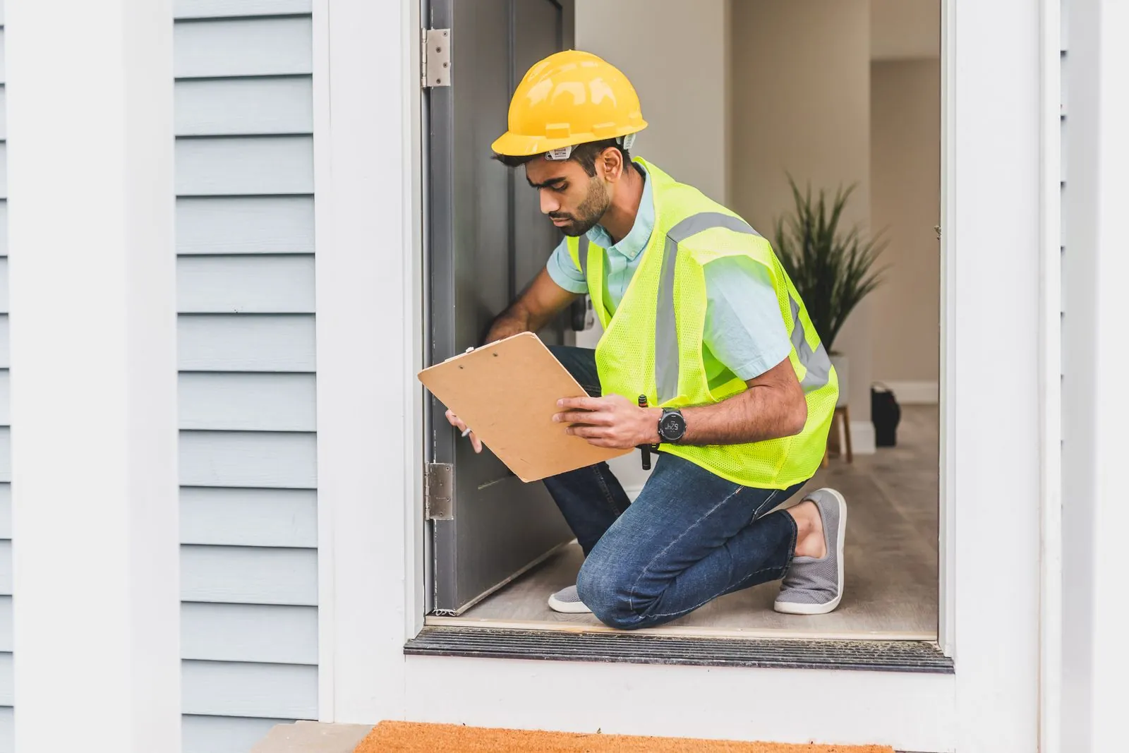 Building inspector in a hard hat and hi-vis vest kneeling at a doorway with a clipboard, recording an inspection that building surveying compliance automation turns into a dated record