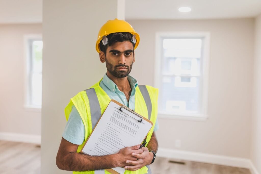 Site supervisor in a hard hat and hi vis vest holding a clipboard of site paperwork