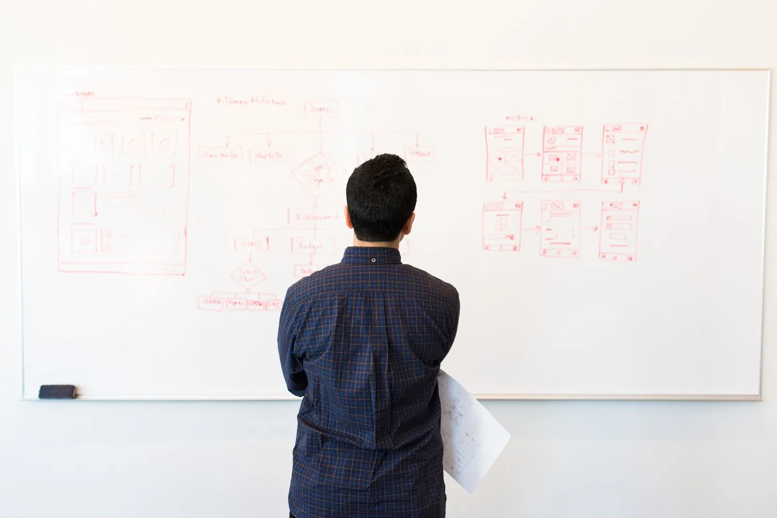 A man studies a whiteboard covered in a hand-drawn red flowchart of boxes and arrows, the workflow at the centre of custom automation vs Zapier