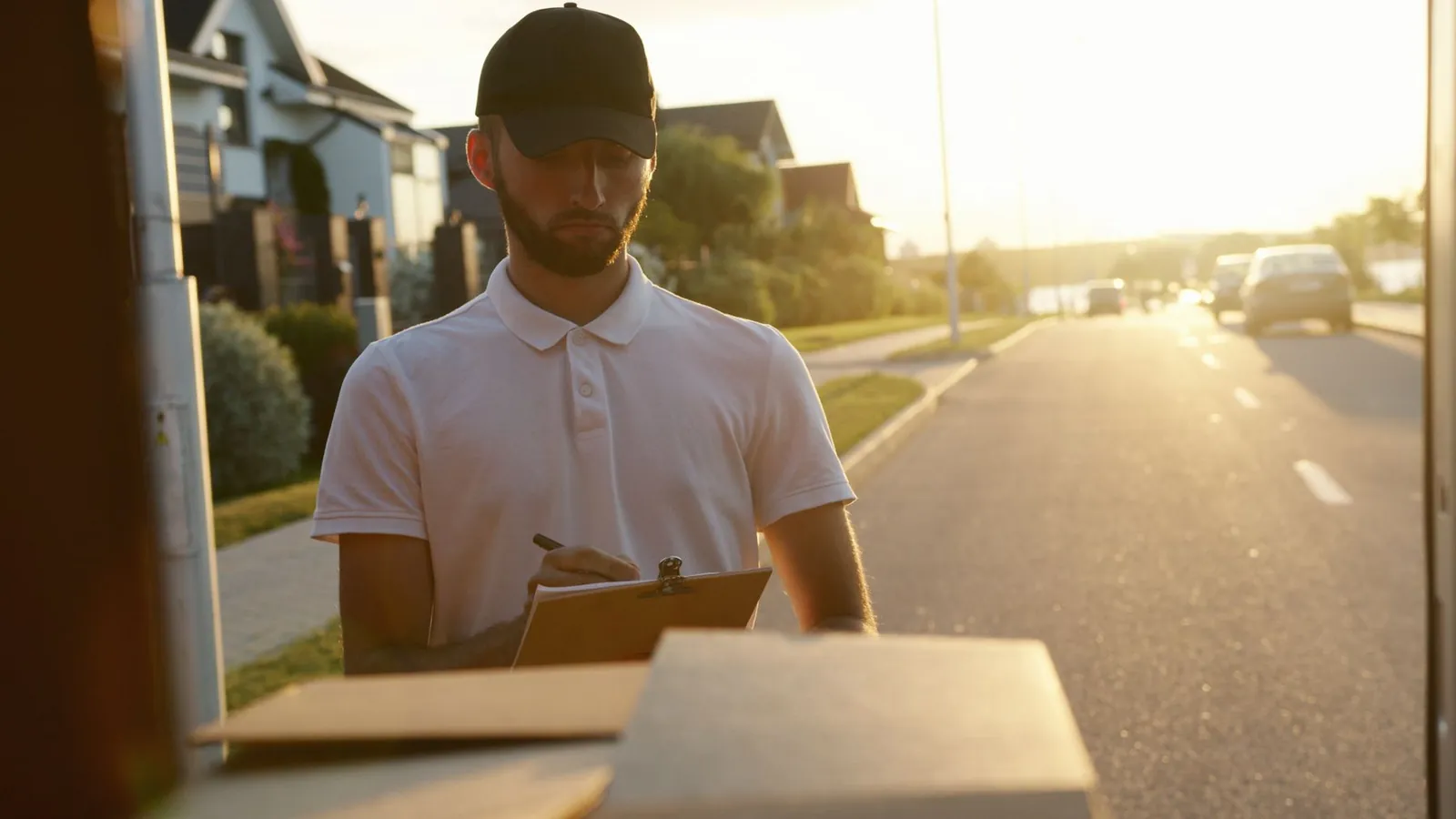 A delivery driver in a cap signs a paper docket on a clipboard at the open door of his van in the late afternoon sun