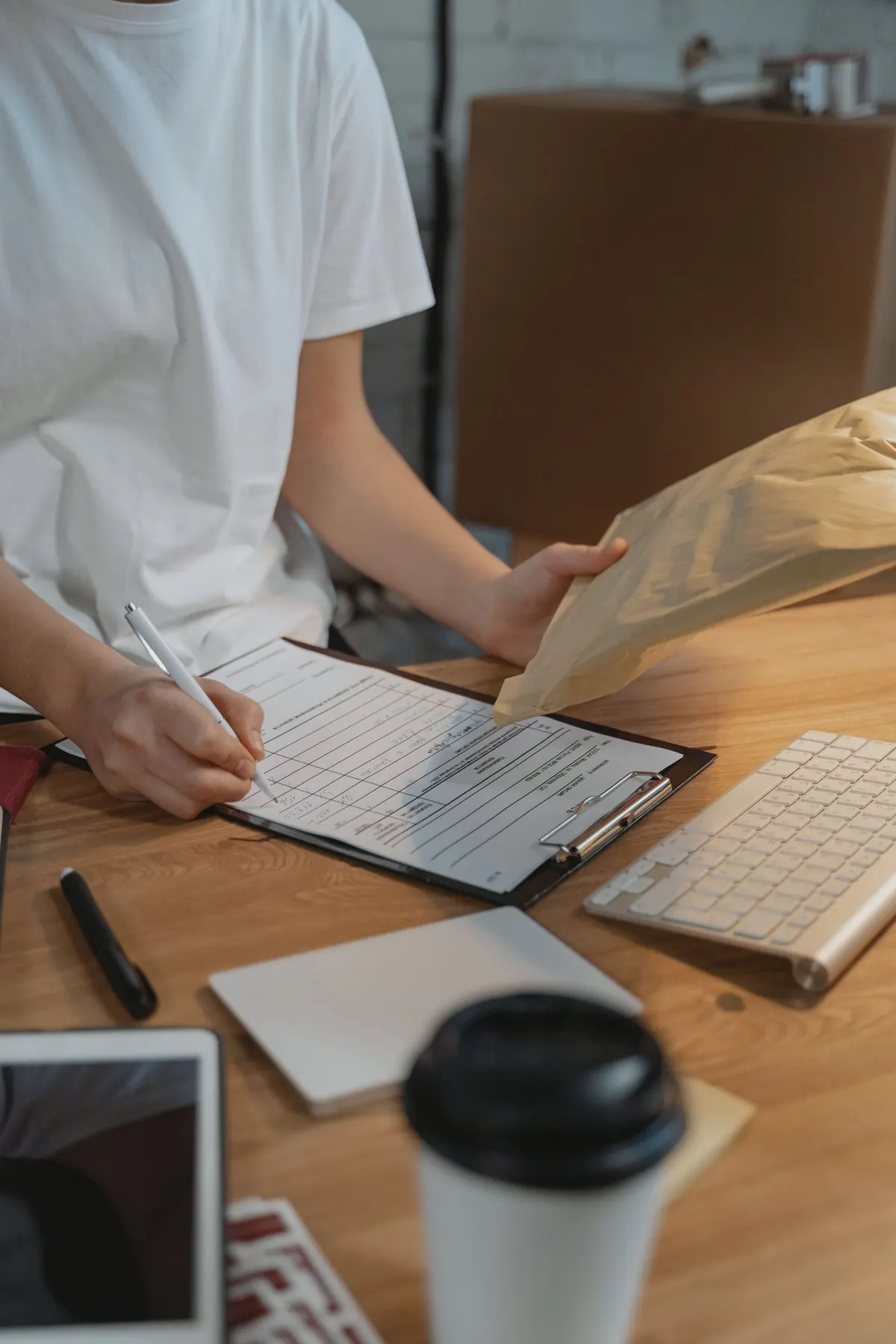 A person in a white t-shirt filling in a paper form on a clipboard at a desk, next to a coffee cup