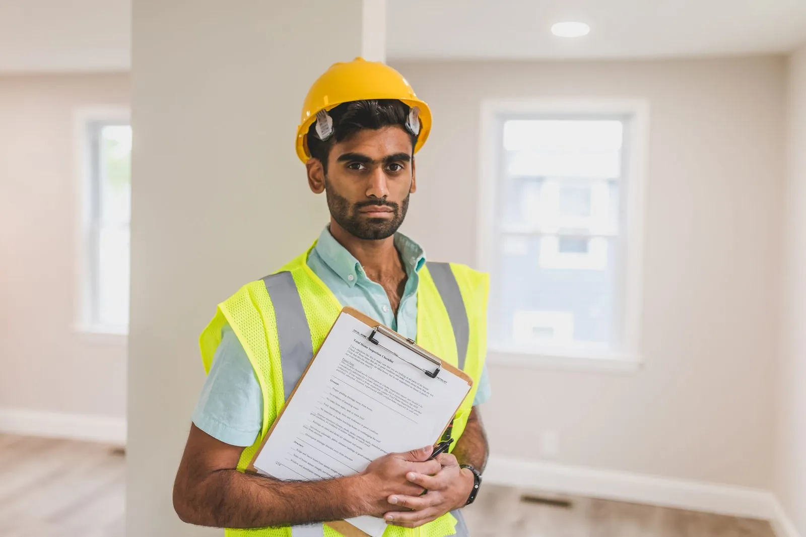 A site supervisor in a yellow hard hat and hi vis vest holding a clipboard of paperwork