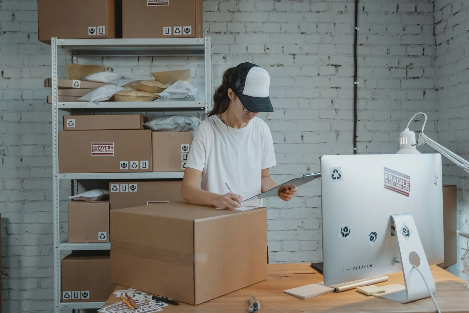 A woman in a cap writing on a clipboard while counting stock in a small stockroom lined with boxes
