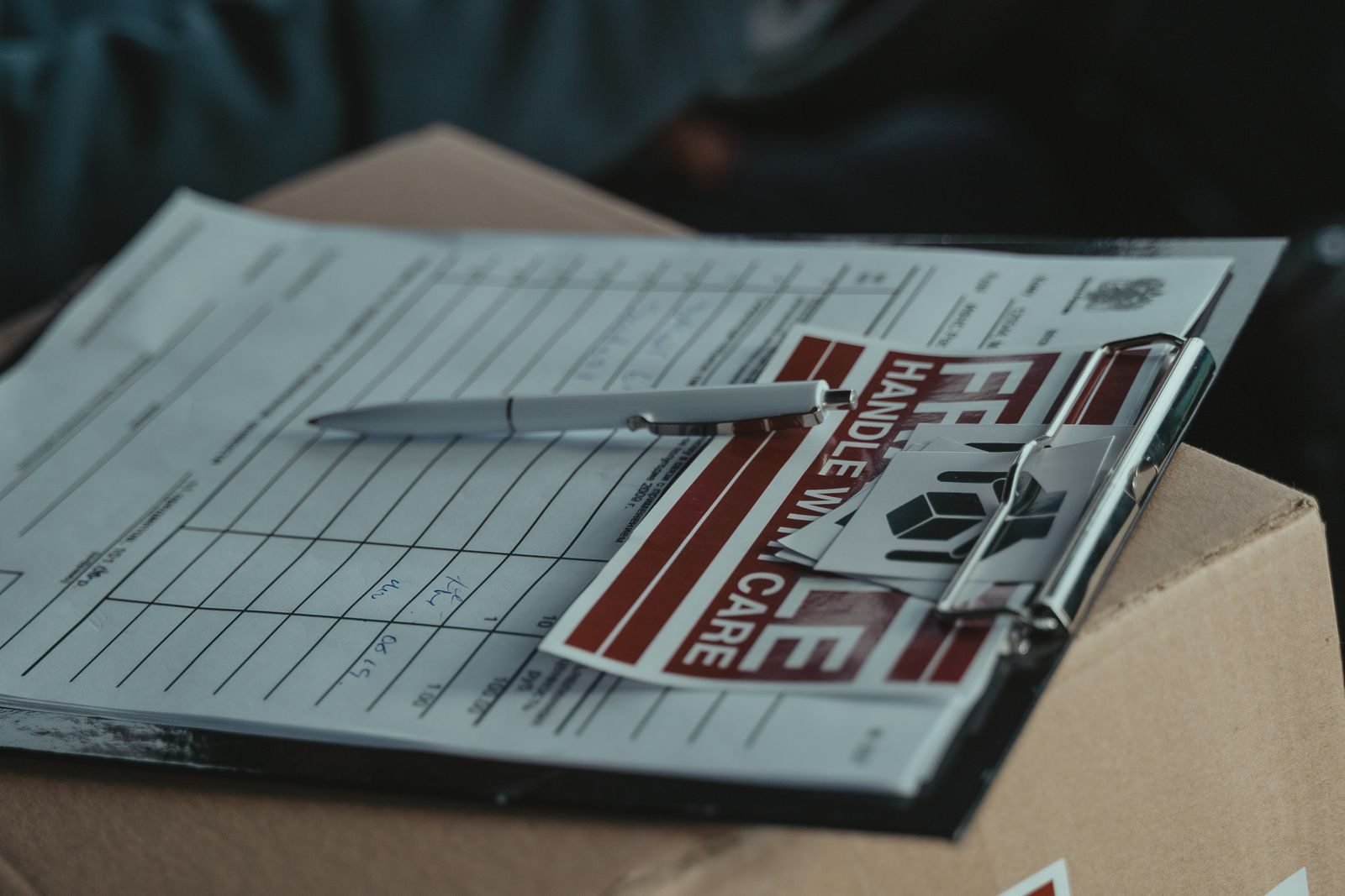 A close view of a clipboard holding printed delivery documents, the waste transport records that should match each Waste Tracker entry